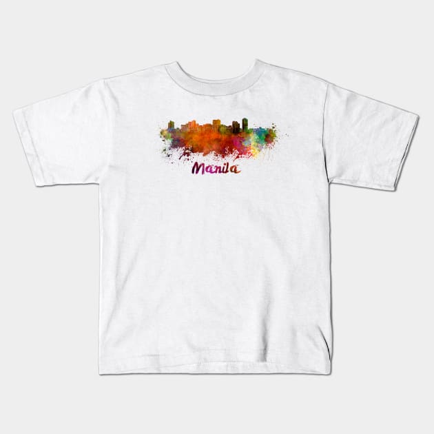 Manila skyline in watercolor Kids T-Shirt by PaulrommerArt